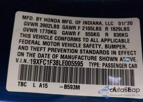 2020 Honda Civic Ex z USA, uszkodzony, nr VIN 19XFC1F38LE005595